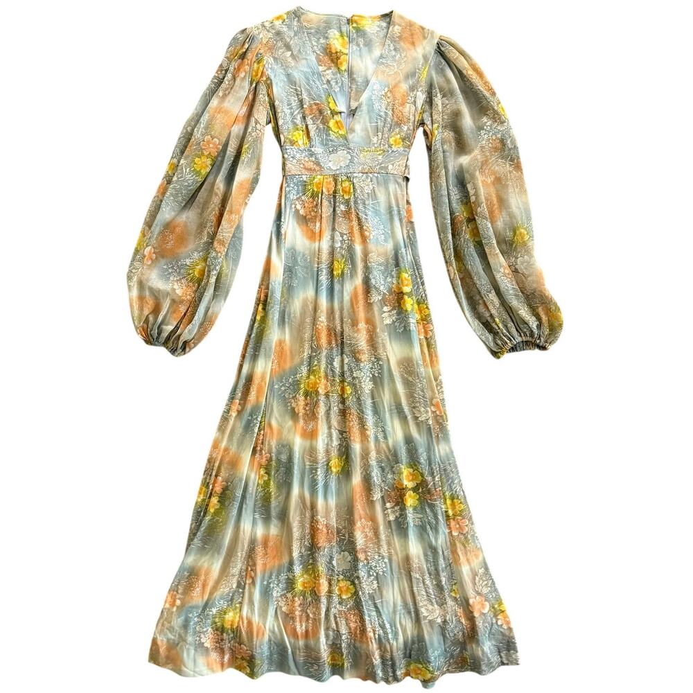 Vintage Floral Maxi Midi Plunge V Neck Puff Sleeve Dress Tie Waist 5 XS S